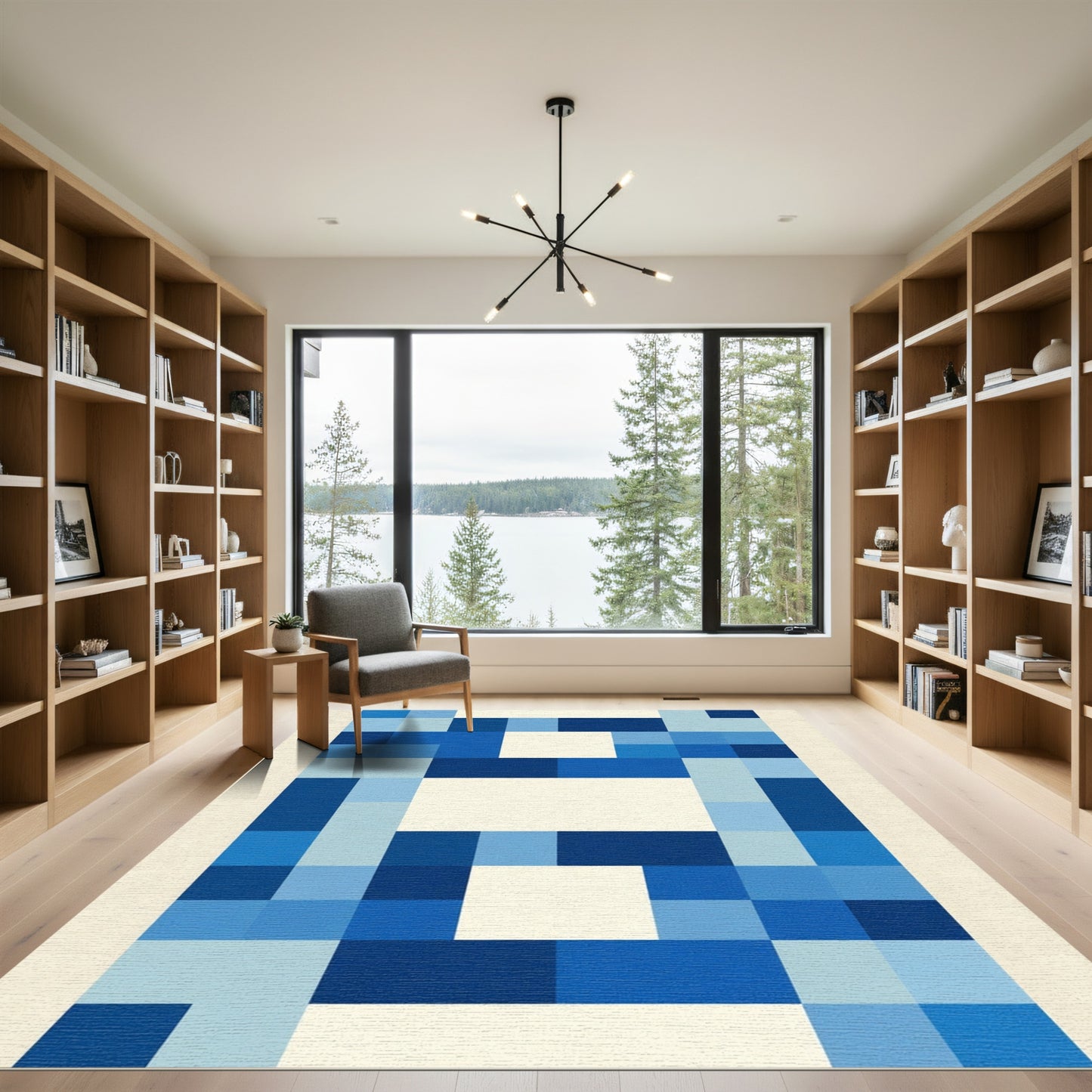 Modern Blue White Geometric Blocks Rug
