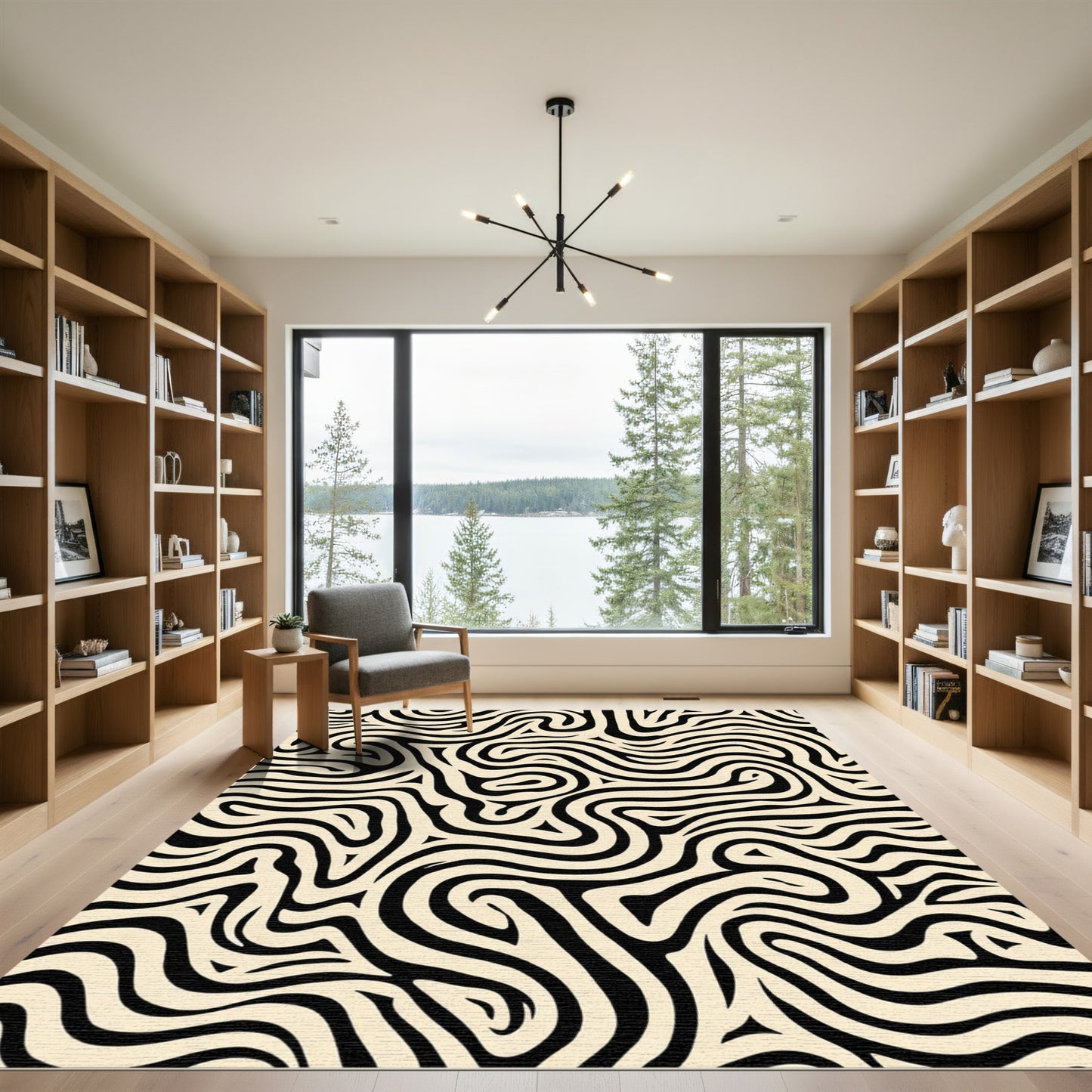 Cream And Black Abstract Swirl Rug