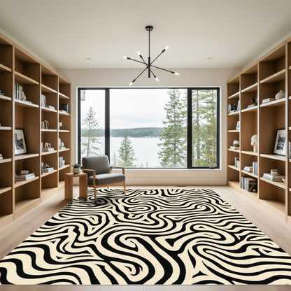 Cream And Black Abstract Swirl Rug