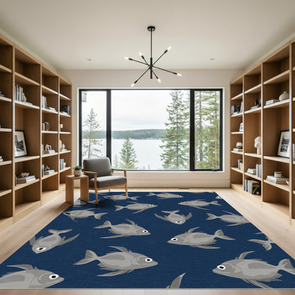 School of Gray Fish Blue Background Rug
