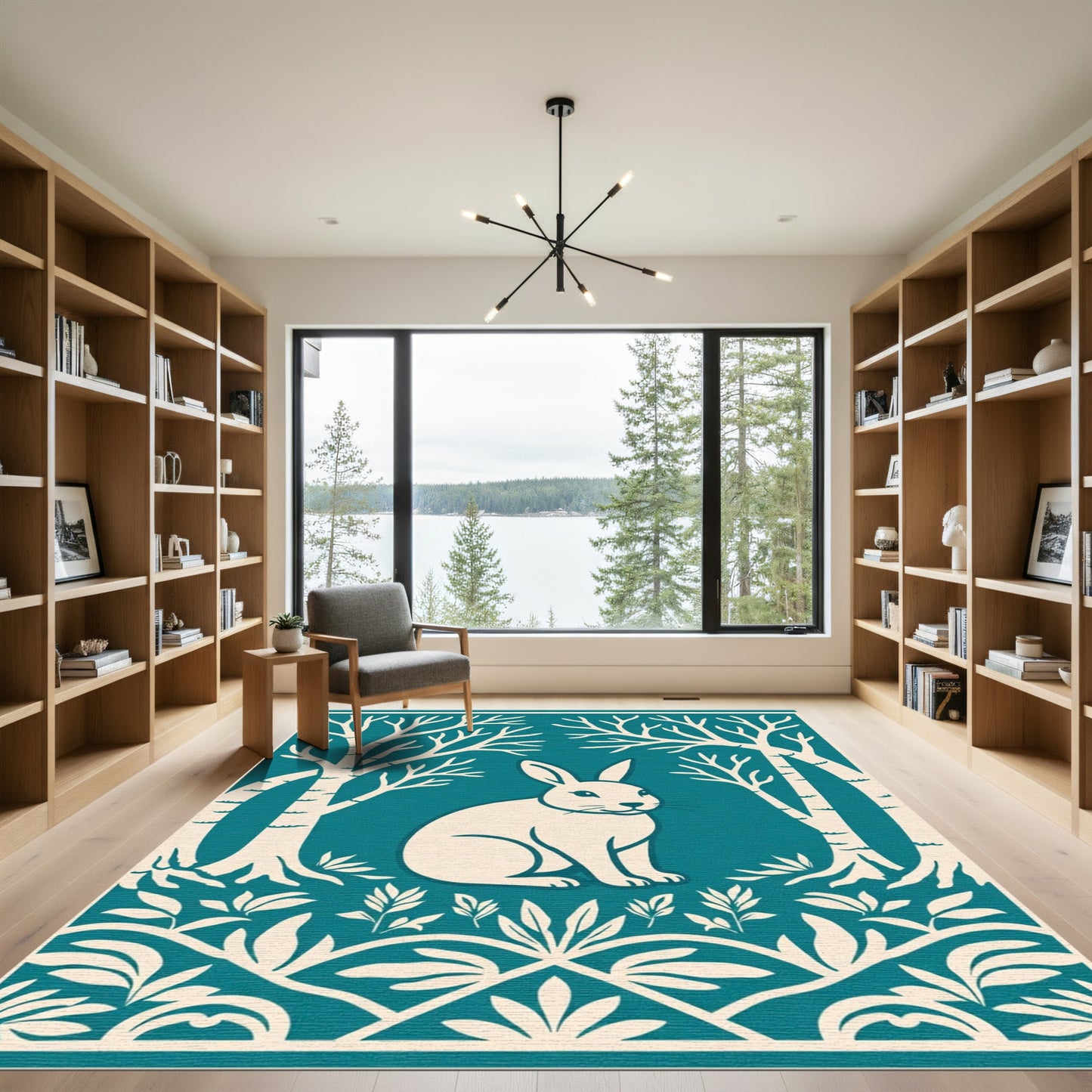 Teal White Rabbit Forest Scene Rug