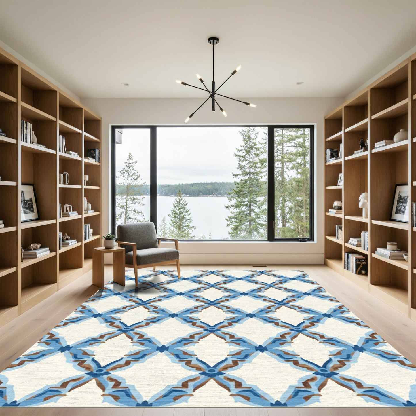 Blue Brown Diamond Lattice Medallion Rug