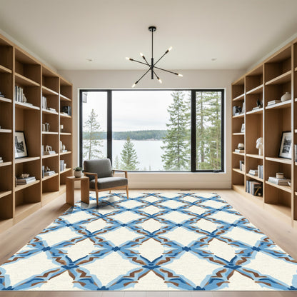 Blue Brown Diamond Lattice Medallion Rug