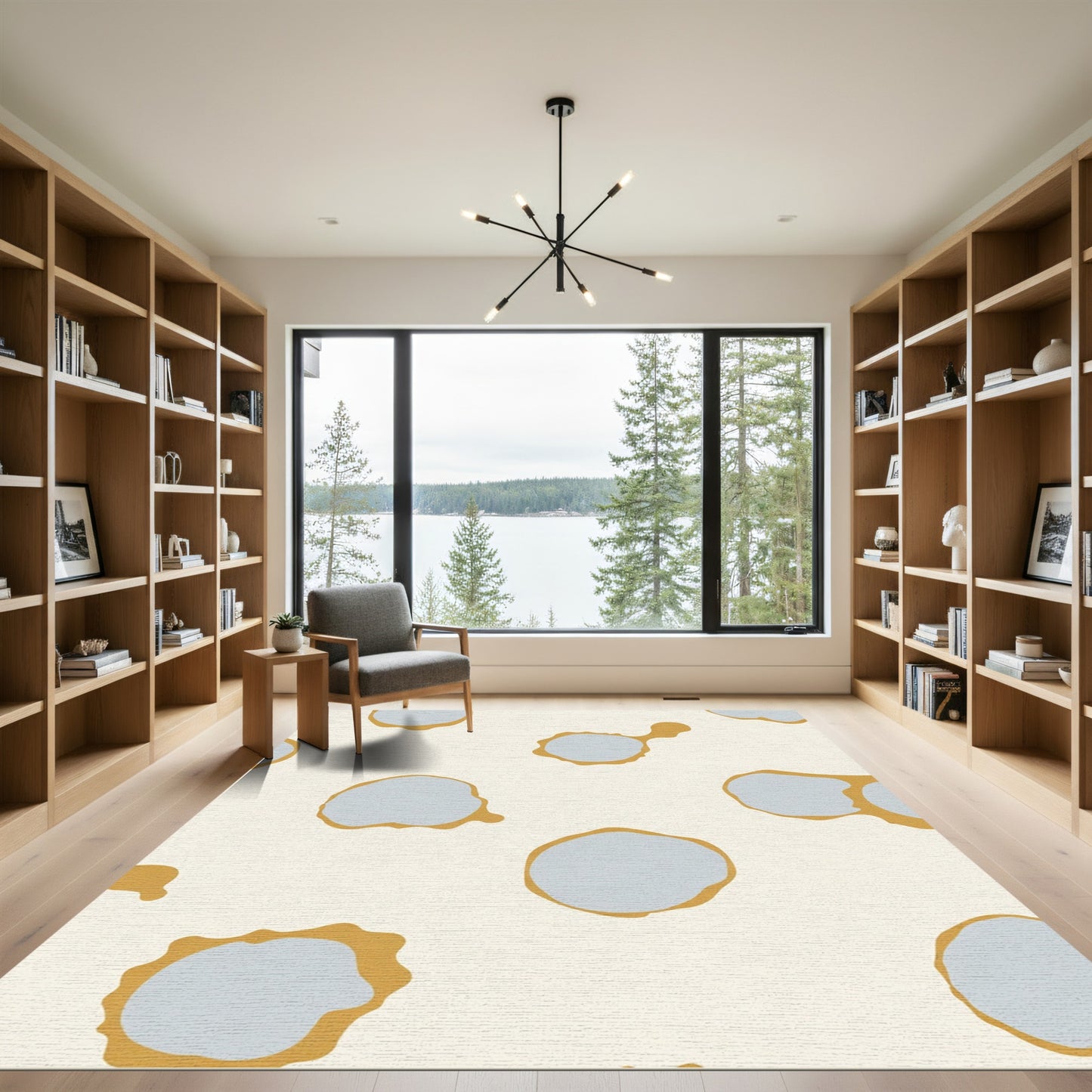 Abstract Mustard Blue Cloud Shapes Rug