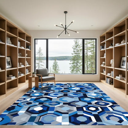 Geometric Deep Blue Hexagon Collage Rug