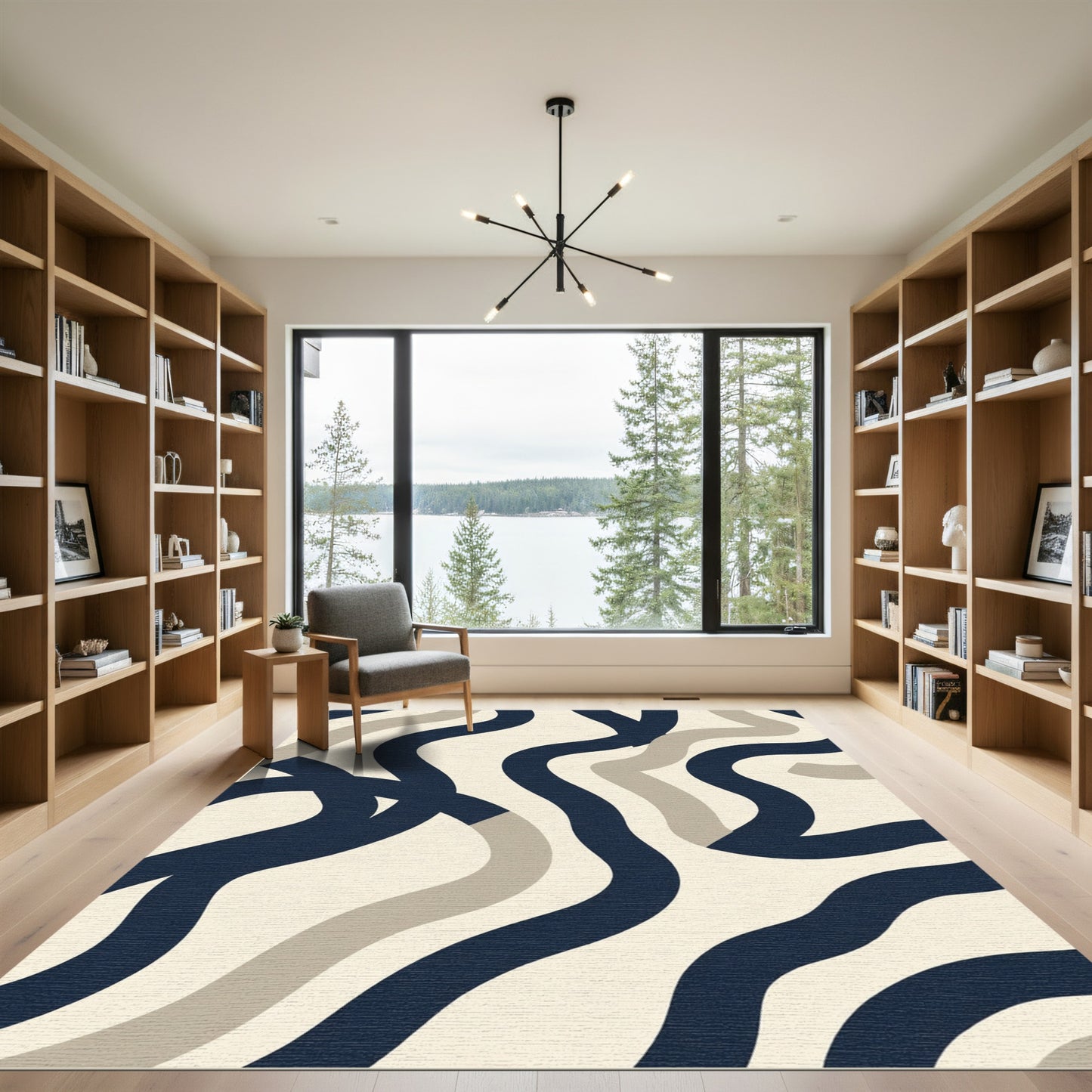 Navy Beige Organic Swirl Flow Rug