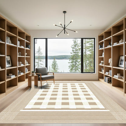 Classic Tan Gingham Plaid Area Rug