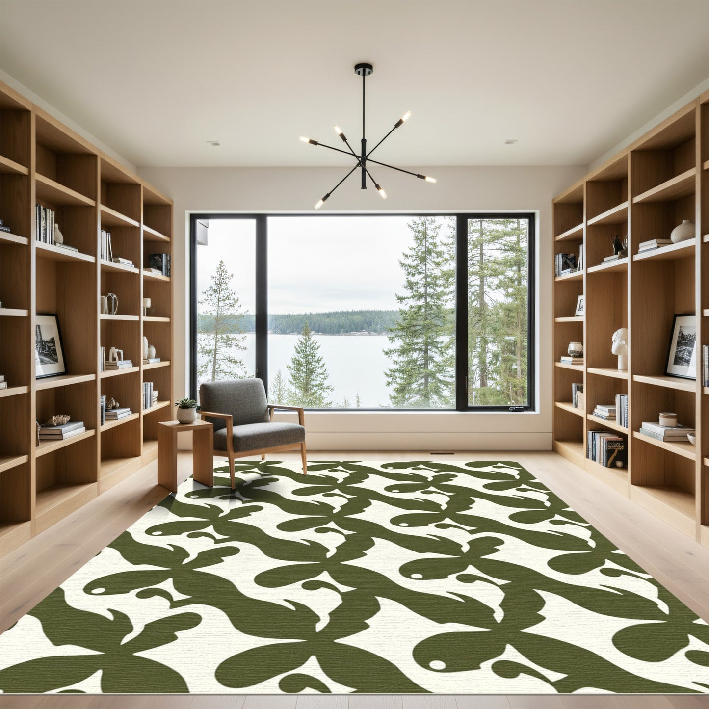 Olive Green Organic Floral Arrangement Rug