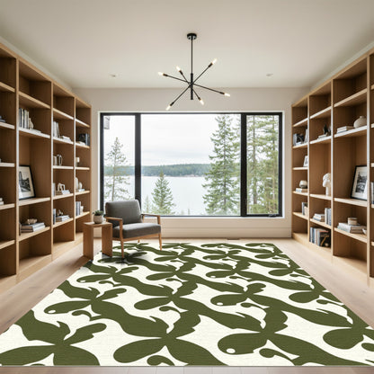 Olive Green Organic Floral Arrangement Rug