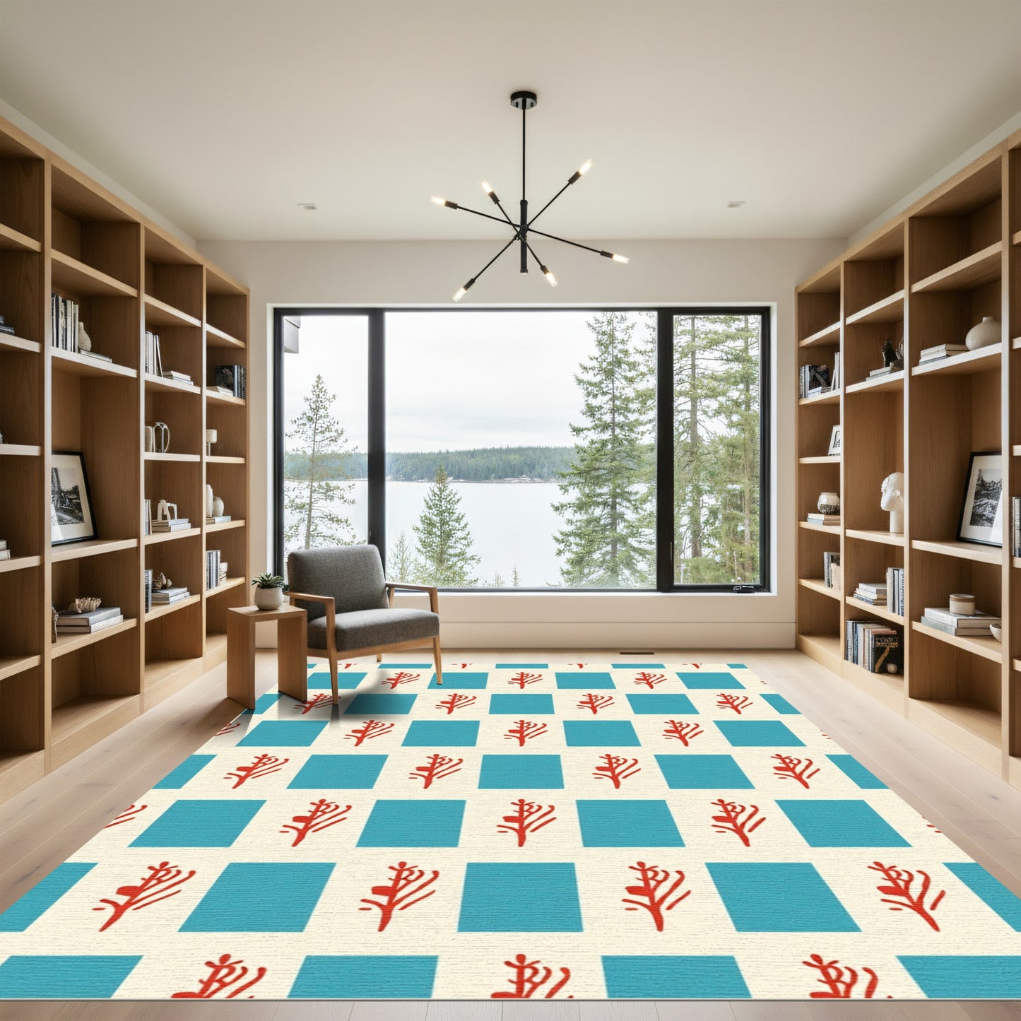 Red Branch Blue Square Check Rug