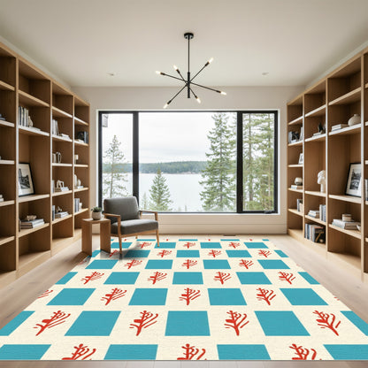 Red Branch Blue Square Check Rug