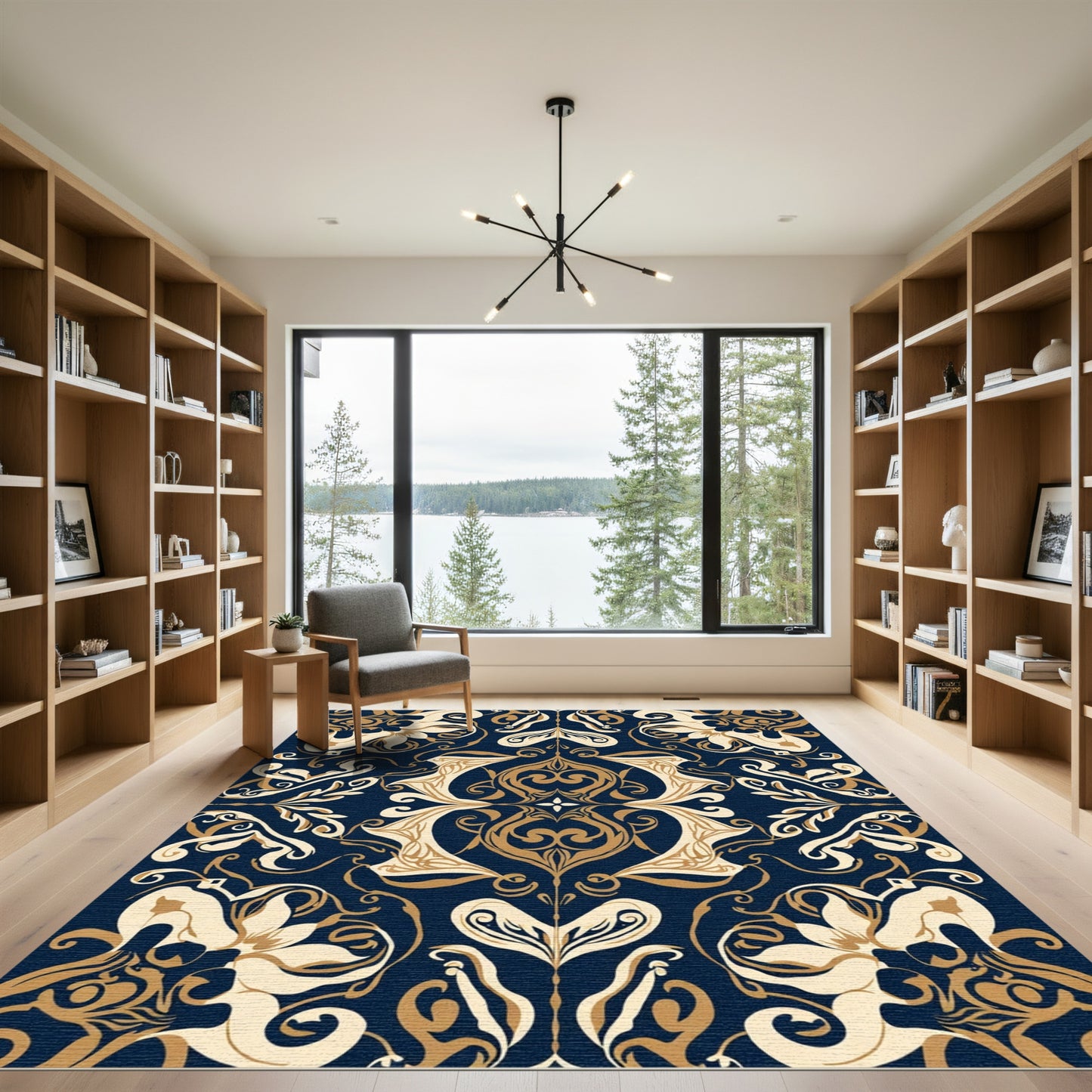 Navy Gold Floral Scroll Court Rug
