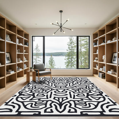 Black White Abstract Line Art Rug