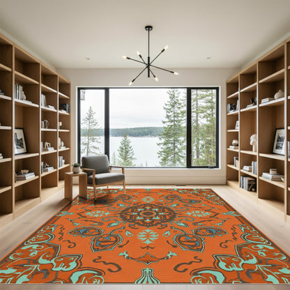 Warm Orange Medallion Floral Swirls Rug