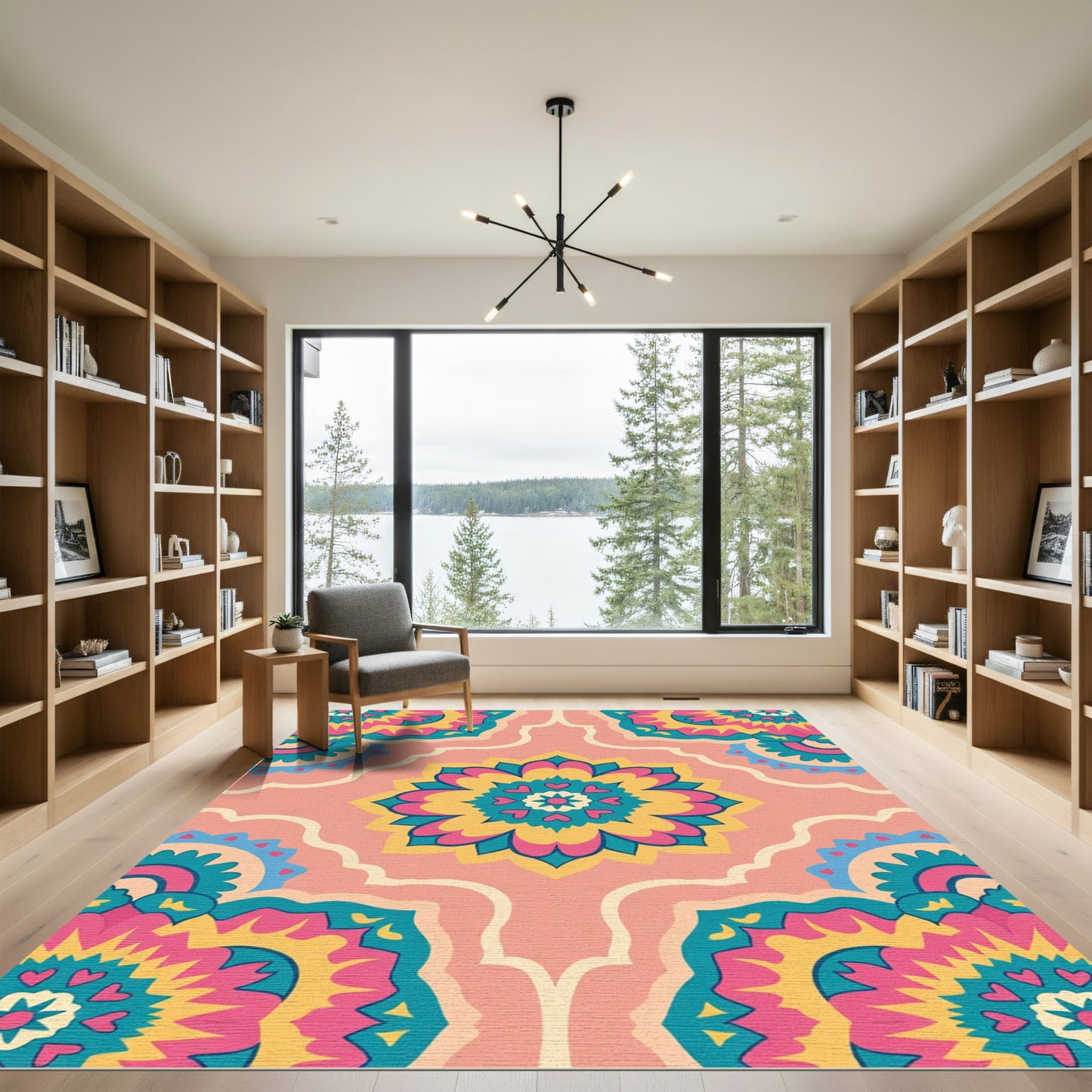 Bright Pink Teal Yellow Floral Medallion Rug
