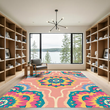 Bright Pink Teal Yellow Floral Medallion Rug
