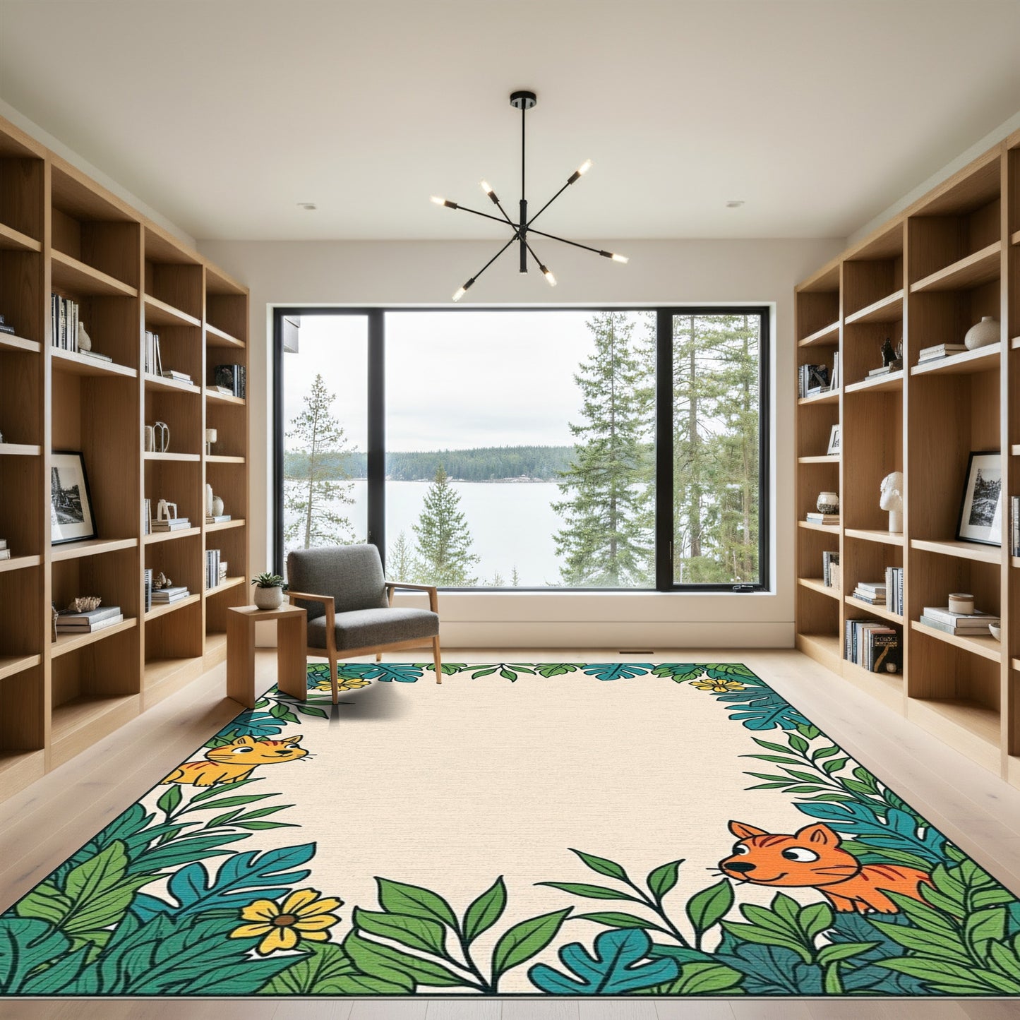 Whimsical Jungle Scene Cat Floral Rug