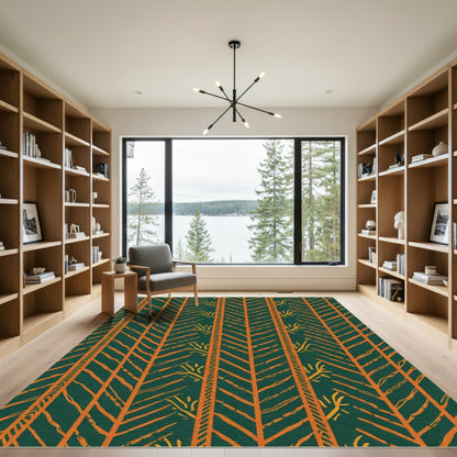 Forest Green Orange Tribal Chevron Rug
