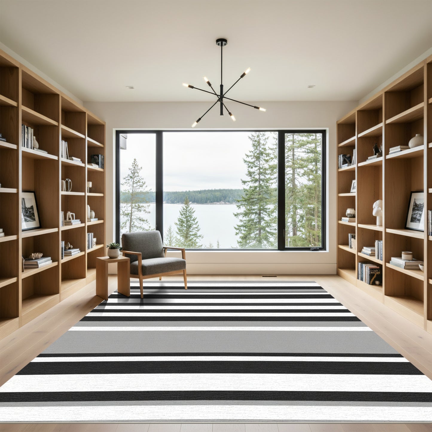 Modern Gray Black White Striped Rug