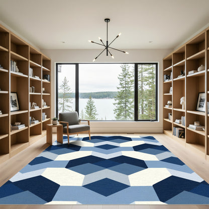Geometric Blue White Hexagonal Diamonds Rug