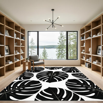 Bold Black Tropical Leaf Collage Rug