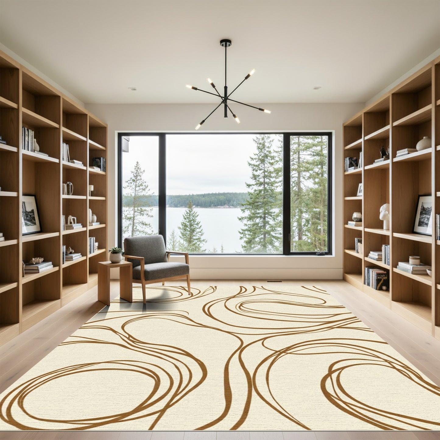 Abstract Brown Swirl Line Art Rug