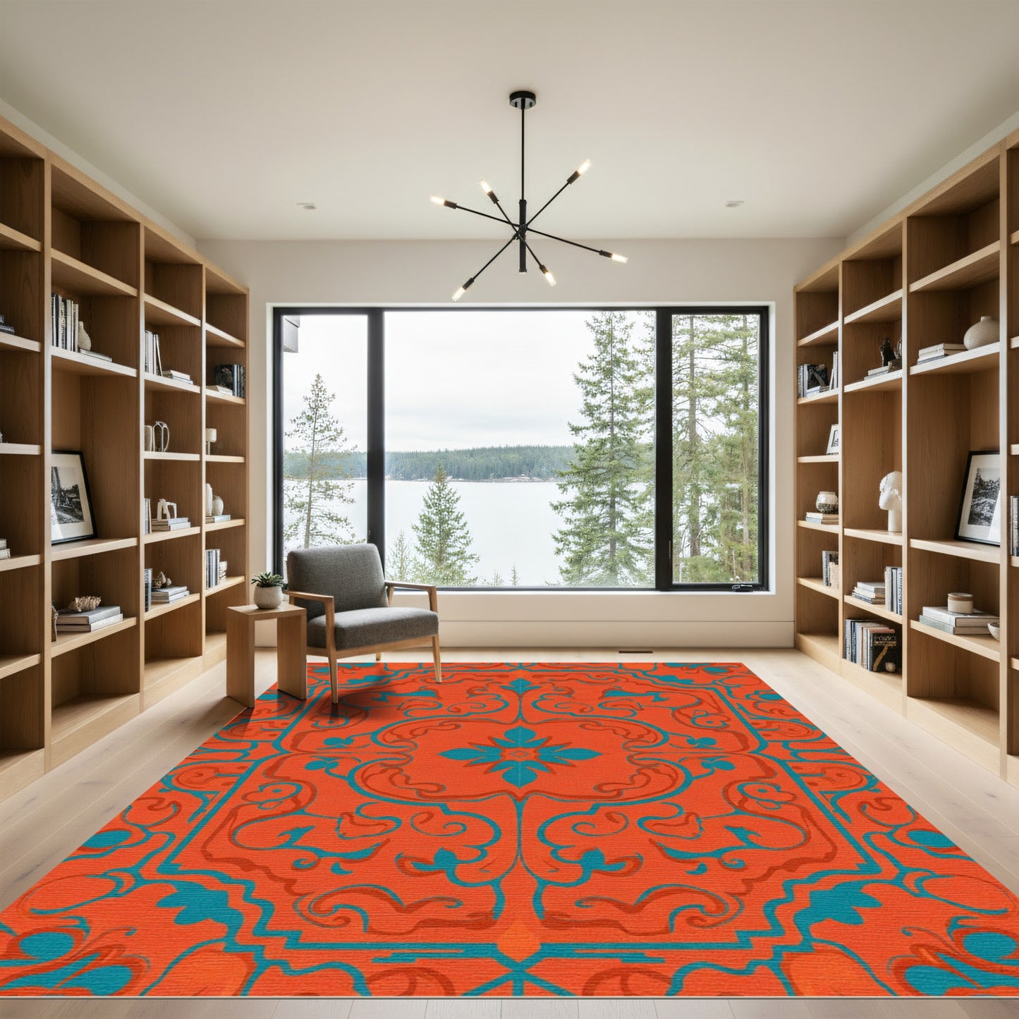 Orange Teal Scrollwork Medallion Rug