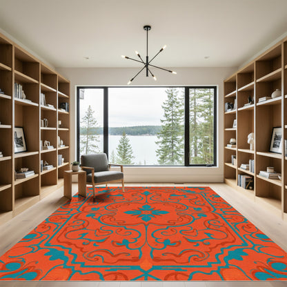 Orange Teal Scrollwork Medallion Rug