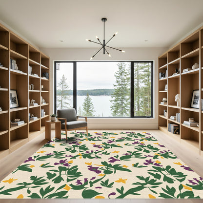 Deep Green Purple Yellow Floral Branches Rug