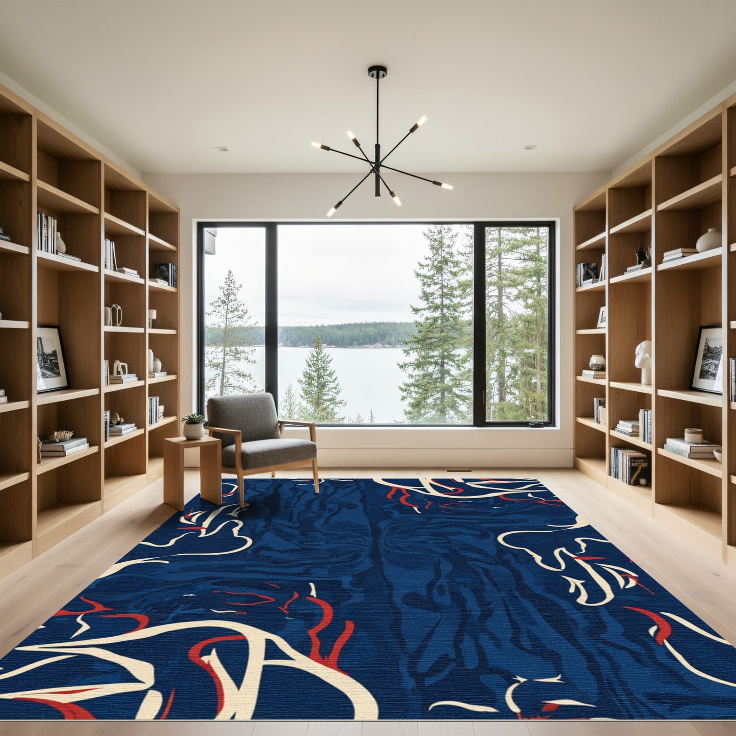 Deep Blue Abstract Swirl Line Art Rug
