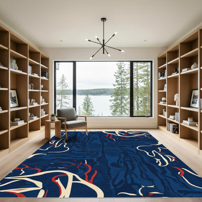 Deep Blue Abstract Swirl Line Art Rug