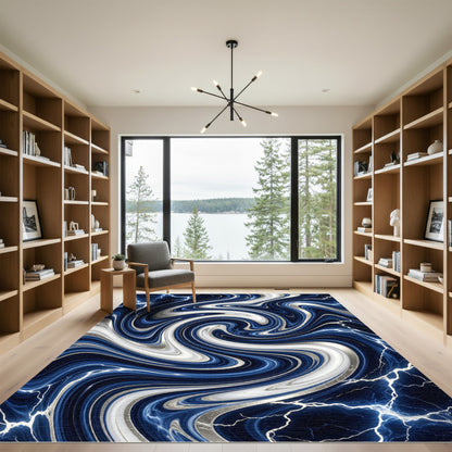 Deep Blue Swirling Marble Lightning Rug