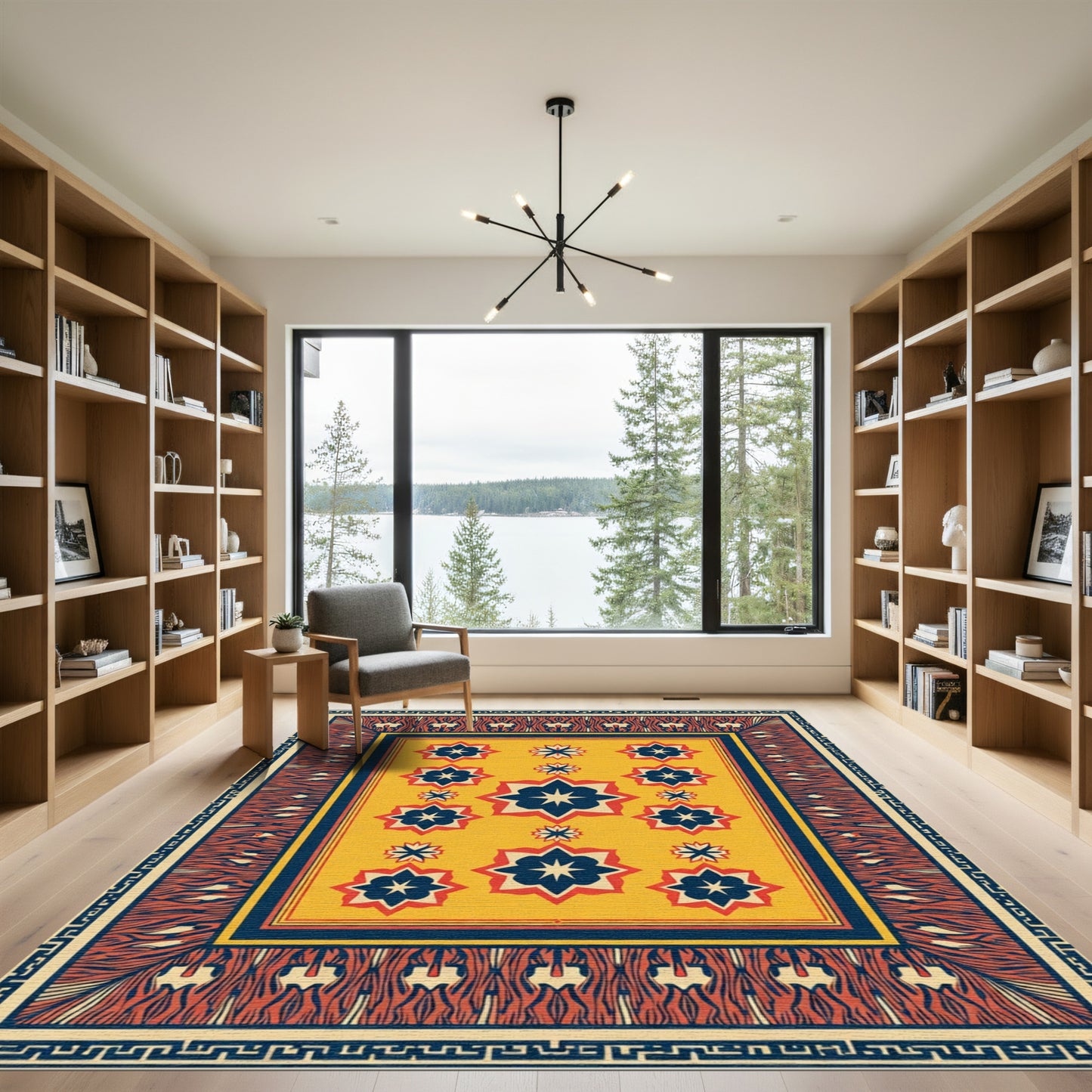 Golden Yellow Blue Starburst Border Rug