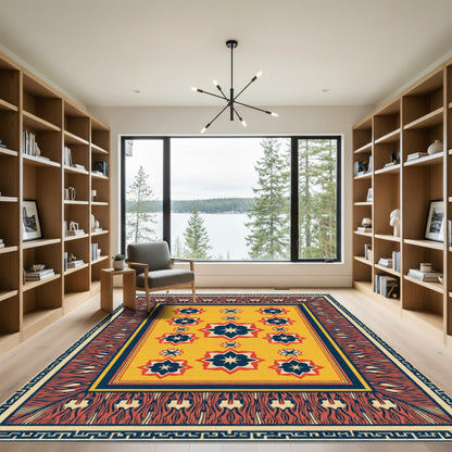 Golden Yellow Blue Starburst Border Rug
