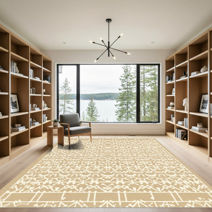 Tan White Abstract Geometric Bands Rug