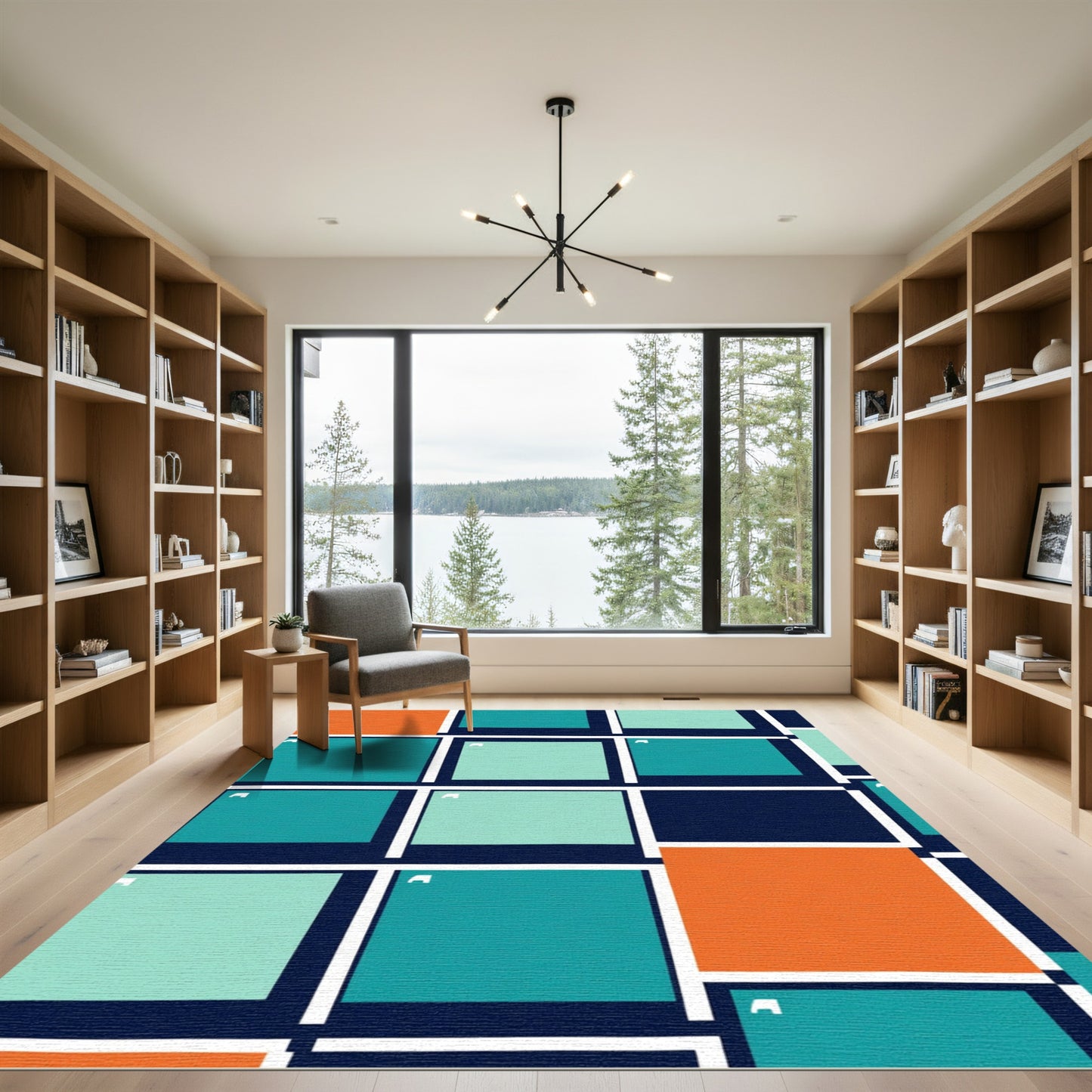 Orange Teal Blue Geometric Blocks Rug