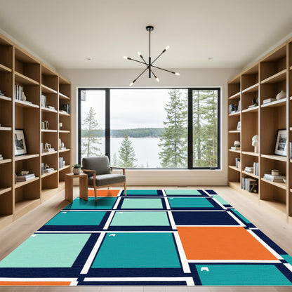Orange Teal Blue Geometric Blocks Rug