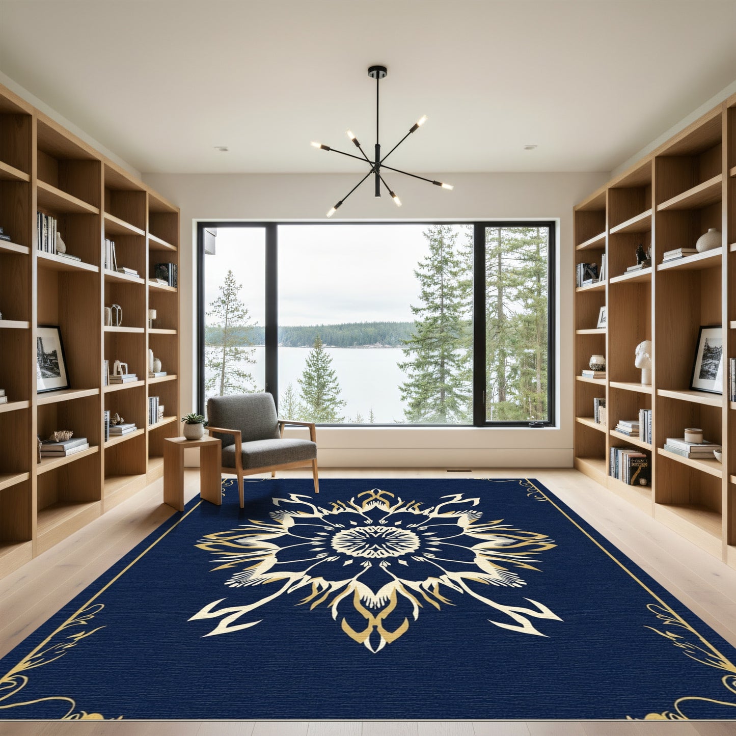 Navy Gold Ornate Floral Medallion Rug