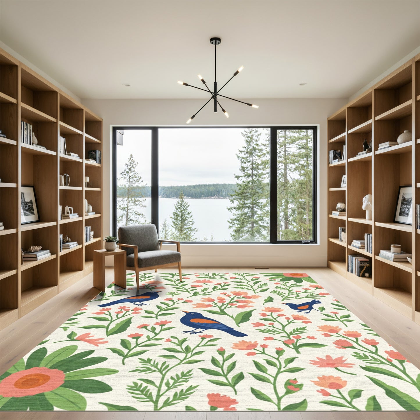Blue Birds Amongst Coral Florals Rug