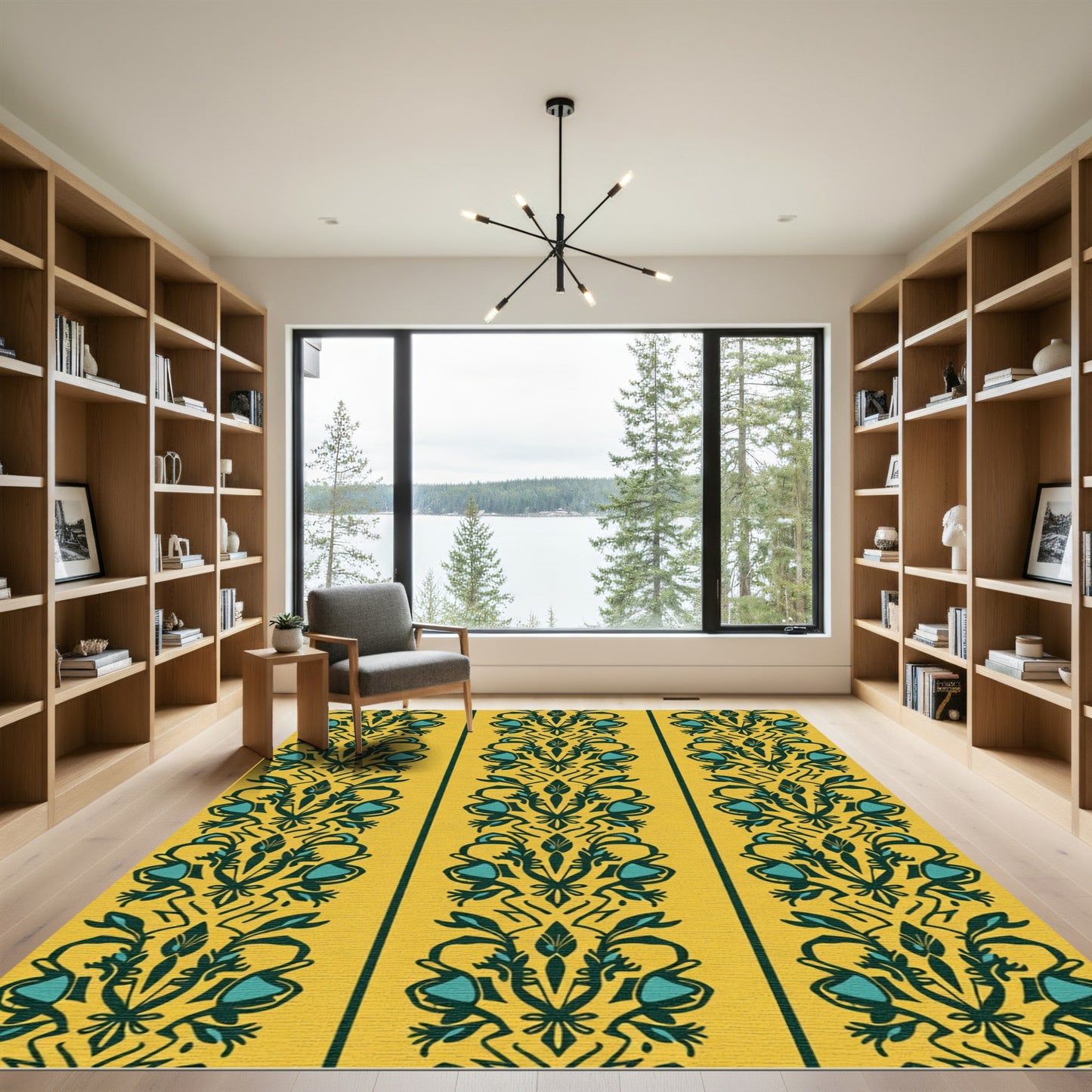 Yellow Teal Floral Tassel Stripe Rug
