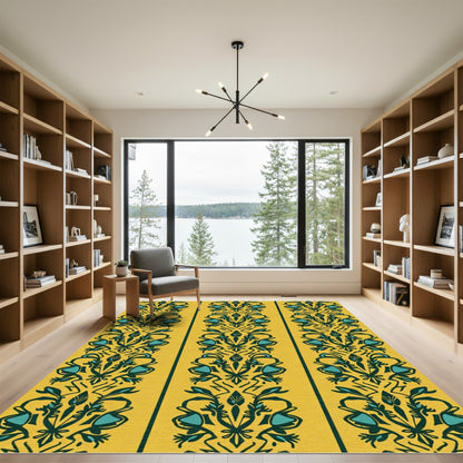 Yellow Teal Floral Tassel Stripe Rug