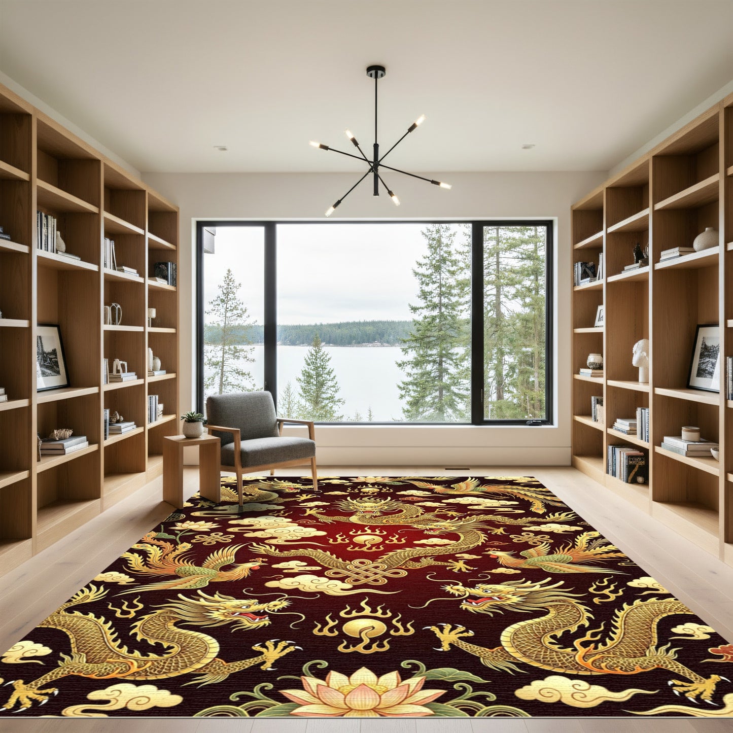 Golden Dragons Phoenix Crimson Clouds Rug