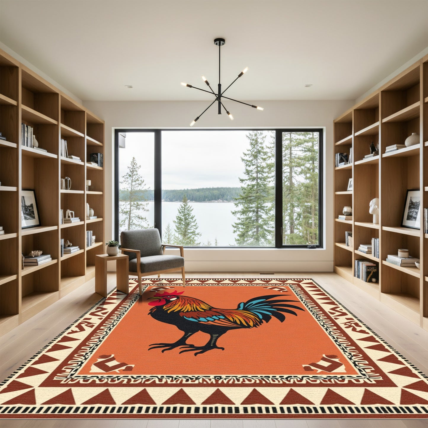 Vibrant Rooster Tribal Border Rug