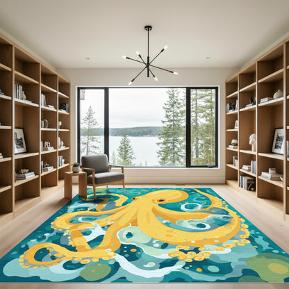 Yellow Octopus In Deep Teal Waters Rug