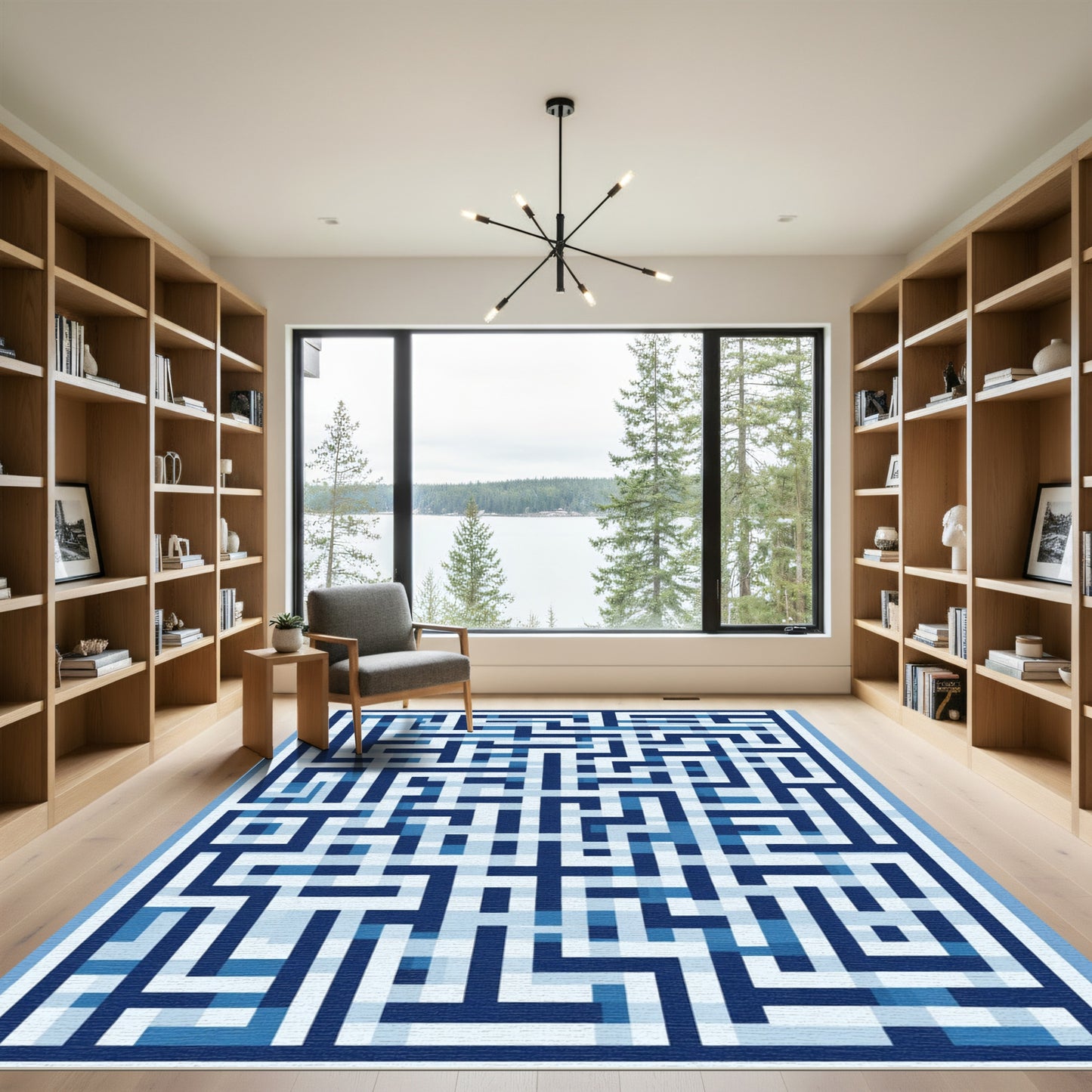 Deep Blue Maze Geometric Arrangement Rug