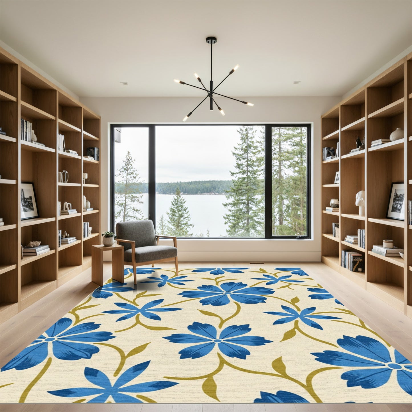 Bold Blue Floral Vine Cream Rug