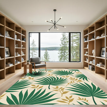 Emerald Palm Leaves Gold Accents Rug