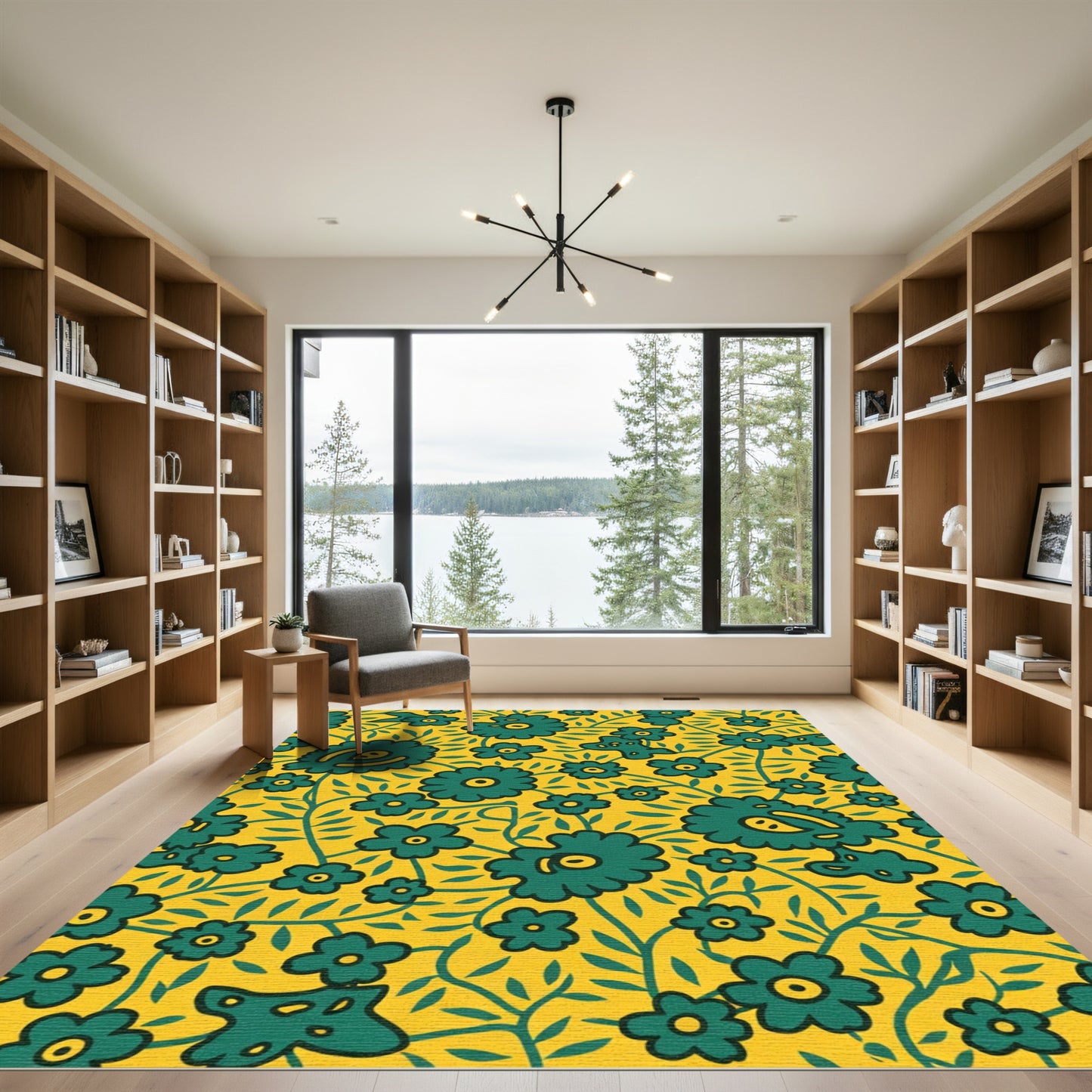Emerald Green Floral Vine Yellow Background Rug