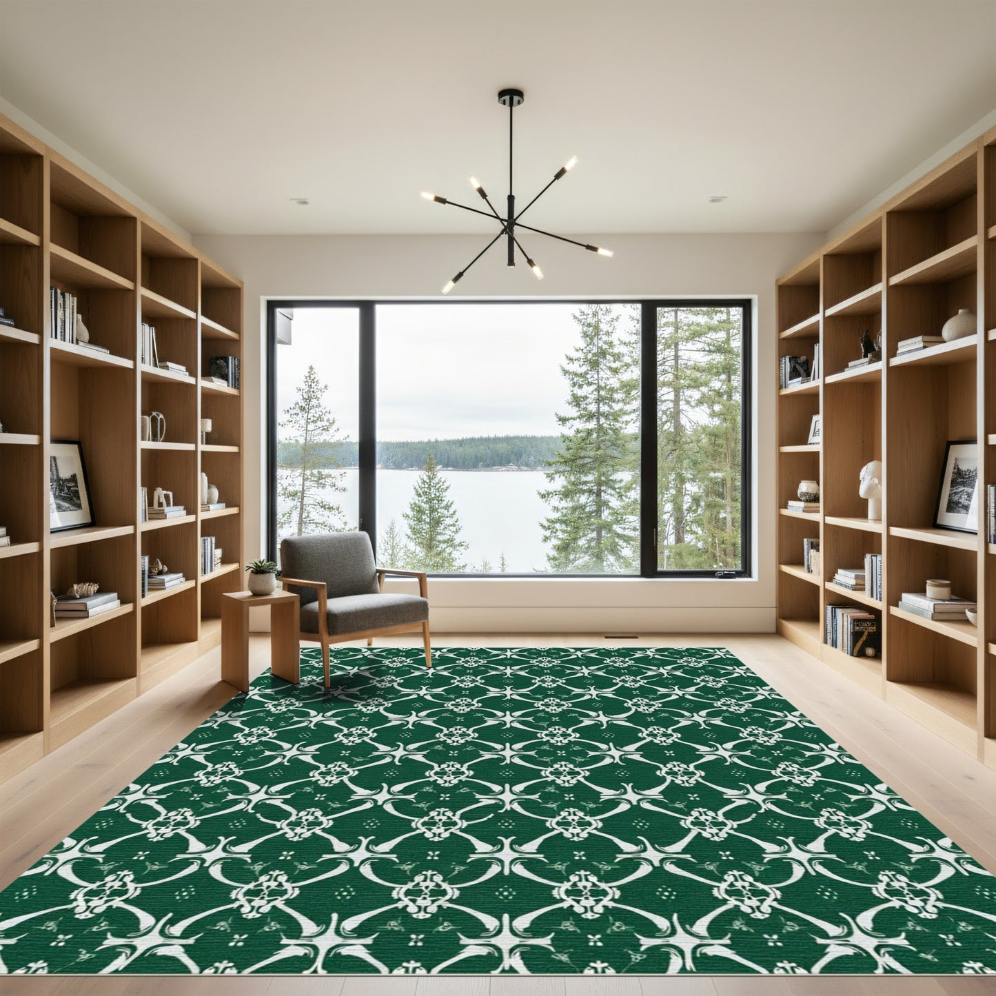 Rich Emerald White Damask Symmetry Rug