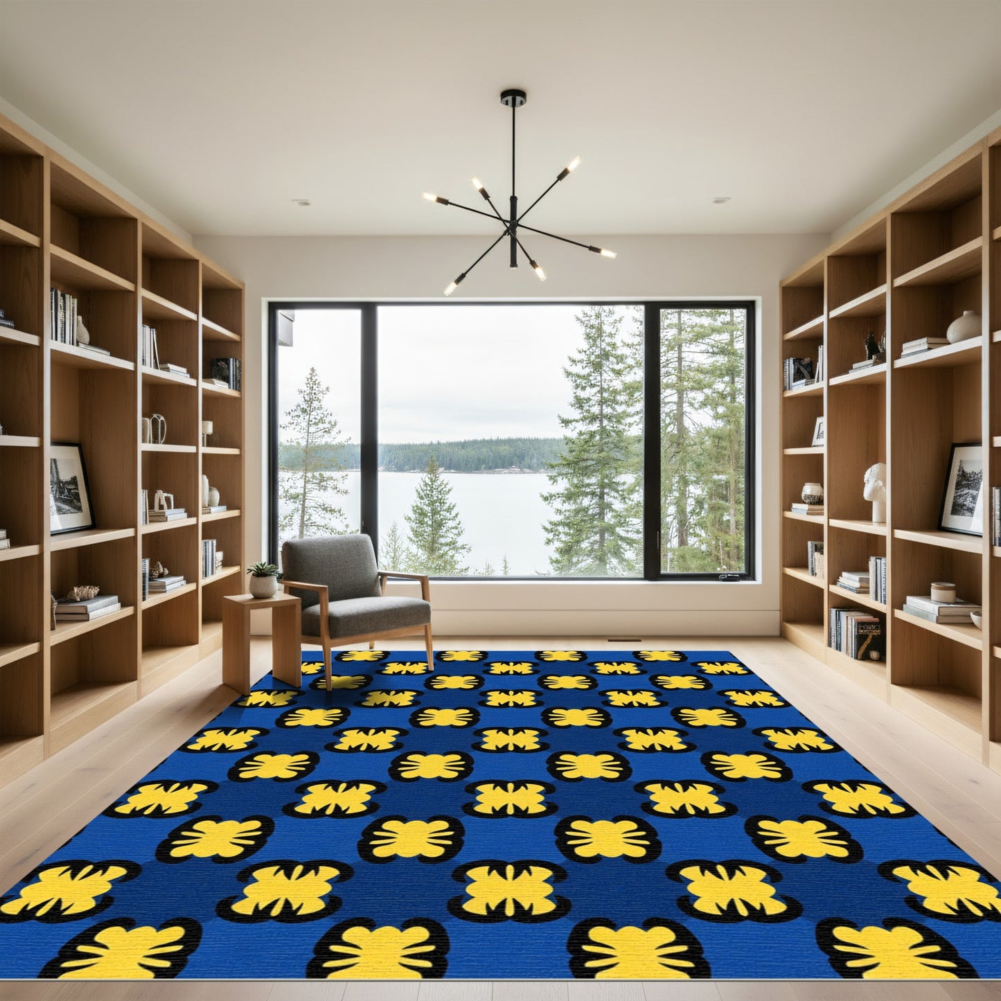 Bold Yellow Floral Blue Grid Rug